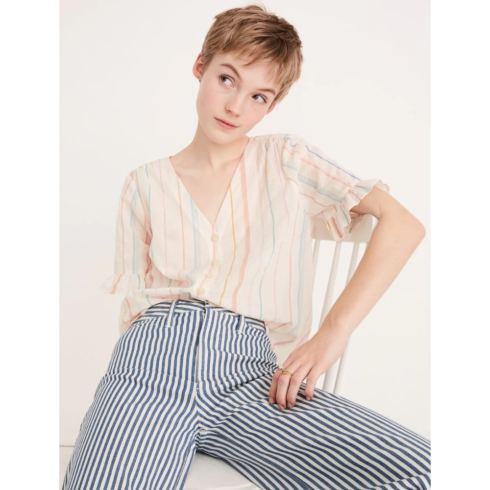 Madewell Village Ruffle-Sleeve Shirt Rainbow Stripe Preppy Pastel Size XXS